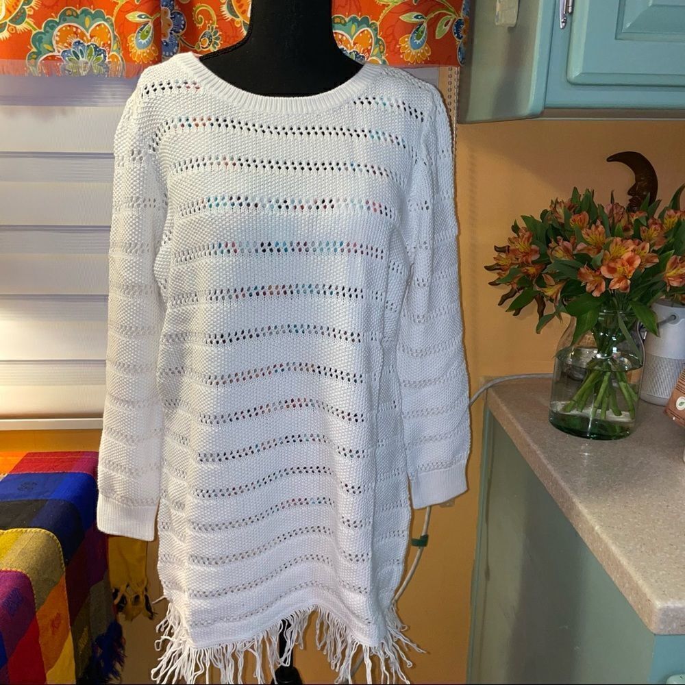 🆕 margaritaville long sleeve loose knit sweater w/ fringe, rib cuffs sz L